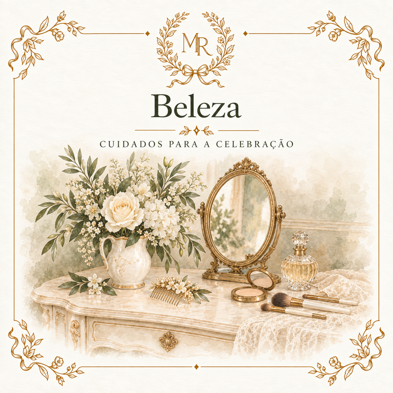 Beleza: aquarela de penteadeira com flores e espelho em moldura Capela