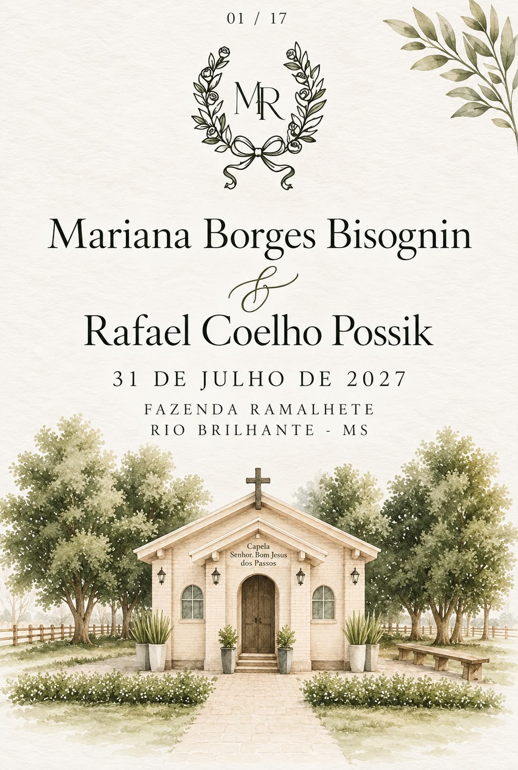 Aquarela da Capela Senhor Bom Jesus dos Passos, escolhida pelos noivos