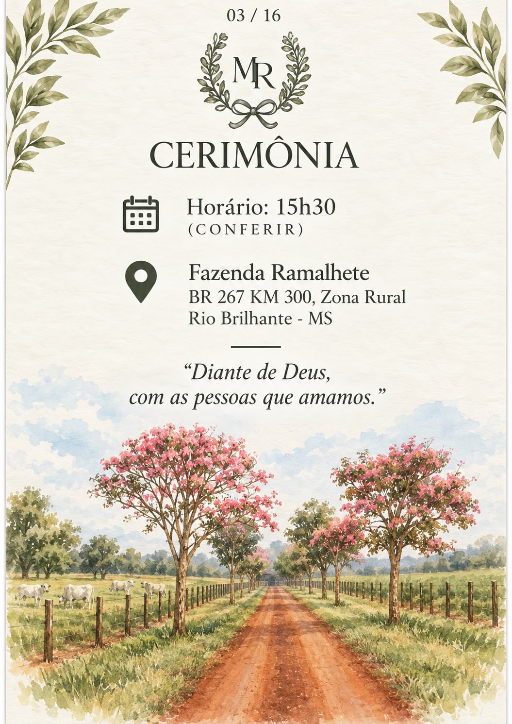 Aquarela do caminho de terra com ipês floridos na fazenda
